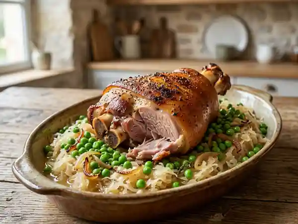 Jambonneau fondant, choucroute et petits pois - Photo de présentation
