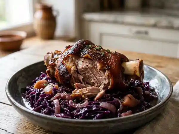 Jarret de porc confit au chou rouge acidulé - Photo de présentation