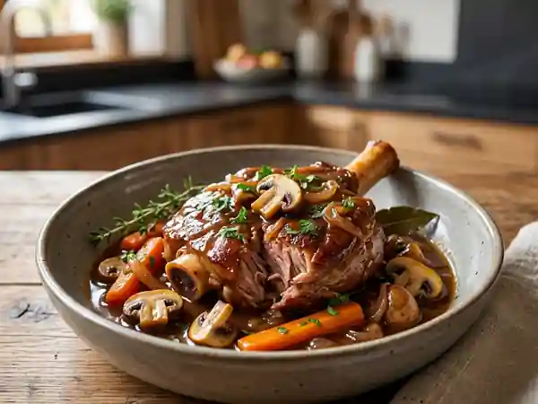Jarret de veau confit aux champignons - Photo de présentation