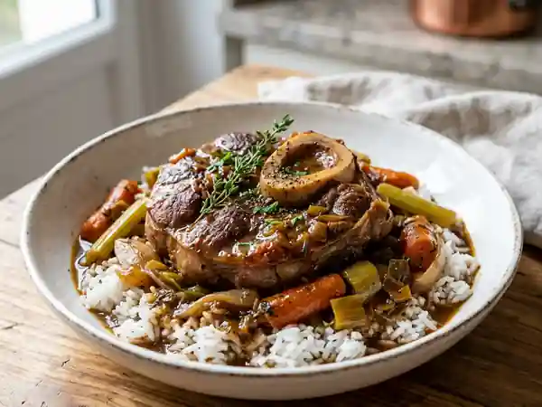 Jarret de veau confit aux légumes et riz parfumé - Photo de présentation