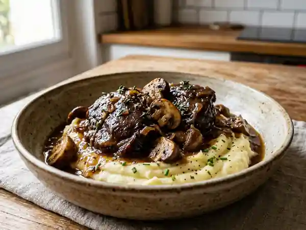 Joue de porc mijotée aux champignons sauvages - Photo de présentation