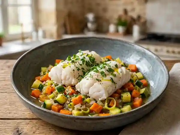 Joues de cabillaud fondantes aux petits légumes - Photo de présentation