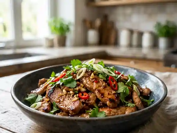 Émincé de porc laqué au piment et citron vert - Photo de présentation