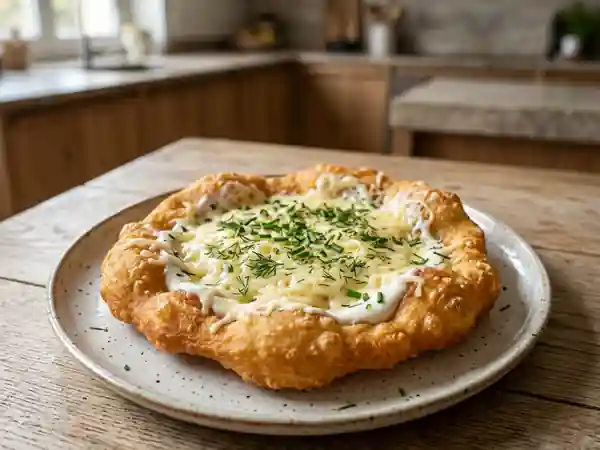 Langos croustillant à l'ail et crème fraîche - Photo de présentation