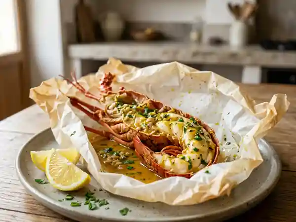 Langouste fondante en papillote au curry - Photo de présentation