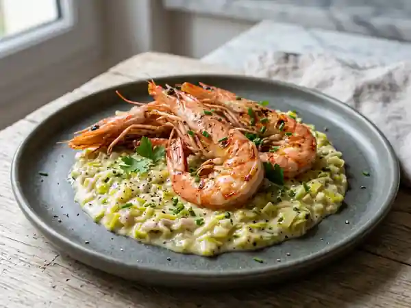 Langoustines rôties sur fondue de poireaux crémeuse - Photo de présentation