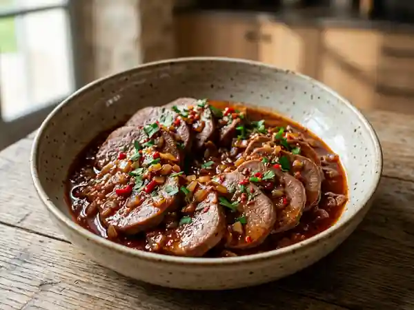 Langue de bœuf fondante à la sauce piquante - Photo de présentation