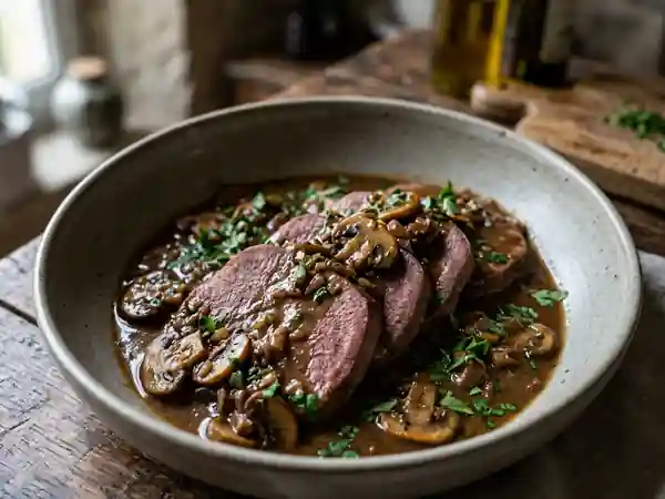 Langue de bœuf fondante sauce chasseur - Photo de présentation