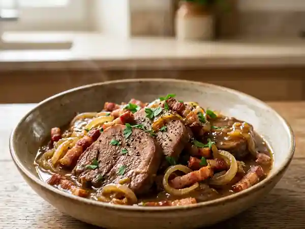 Langue de porc braisée, oignons et lardons - Photo de présentation