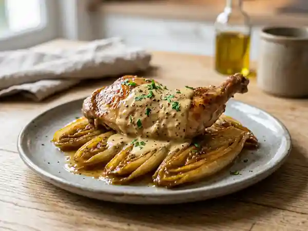 Lapin crémeux à la moutarde et endives fondantes - Photo de présentation