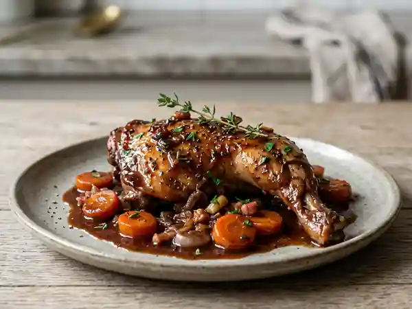 Lapin braisé au vin rouge et aromates - Photo de présentation
