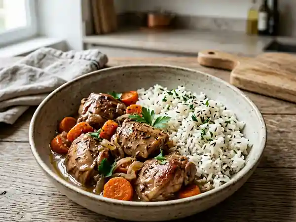 Lapin fondant au vin blanc et riz au carvi - Photo de présentation