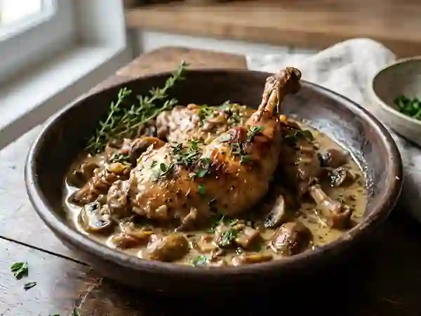 Lapin au cidre fondant et champignons crémés - Photo de présentation