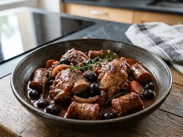 Lapin au Vin Rouge, Saucisses et Olives Fondantes - Photo de présentation