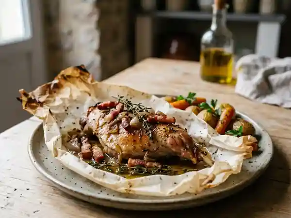 Lapin en papillote au lard et parfumé au pastis : recette savoureuse et facile - Photo de présentation