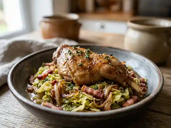 Lapin fondant au chou vert et lardons fumés - Photo de présentation