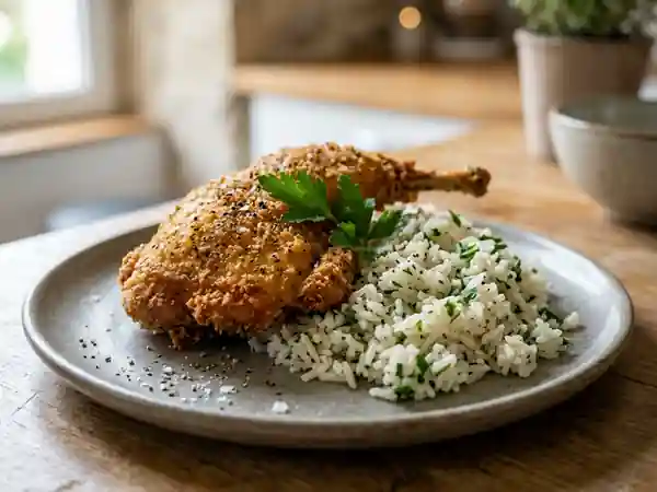 Lapin frit croustillant accompagné de riz parfumé - Photo de présentation
