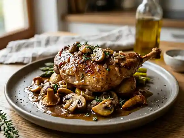Lapin mariné au vin blanc et champignons sautés : recette savoureuse et facile - Photo de présentation
