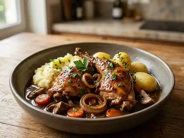 Lapin mijoté à la bière Trappiste de Chimay, recette traditionnelle savoureuse - Photo de présentation