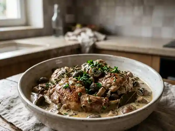 Lapin mijoté au vin blanc et champignons : recette savoureuse et facile - Photo de présentation