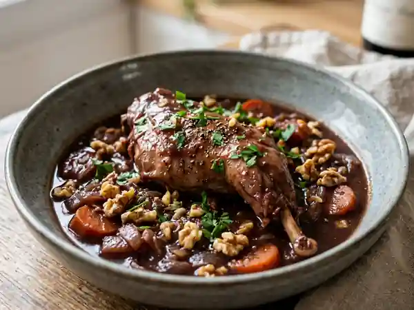 Lapin fondant au vin rouge et noix croquantes - Photo de présentation