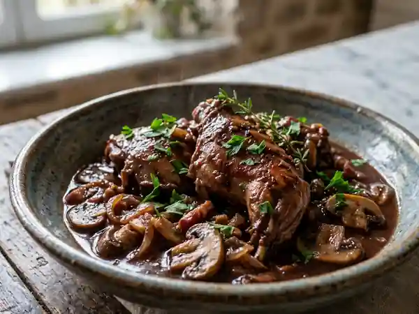 Lapin mijoté aux champignons et vin rouge, recette gourmande et savoureuse - Photo de présentation