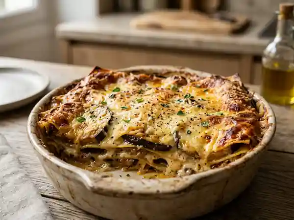 Lasagnes aux aubergines et crème d'ail onctueuse - Photo de présentation