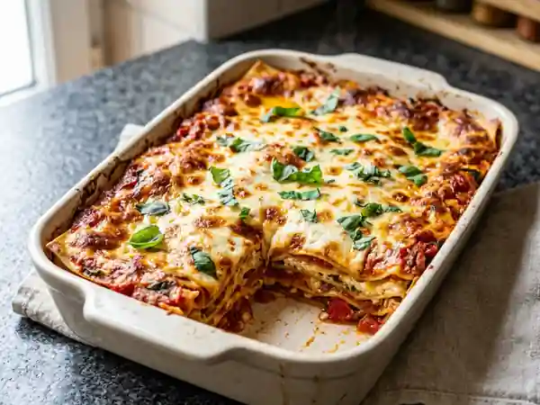 Lasagne maison à la tomate et au basilic frais - Photo de présentation