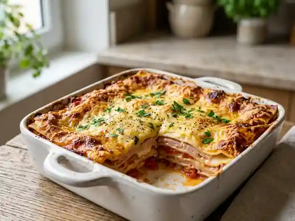 Lasagne savoureuse au jambon et tomates fraîches - Photo de présentation