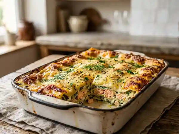 Lasagne savoureuse au saumon frais et épinards fondants - Photo de présentation
