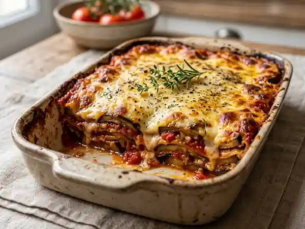 Lasagnes d'aubergines fondantes au coulis de tomates maison - Photo de présentation