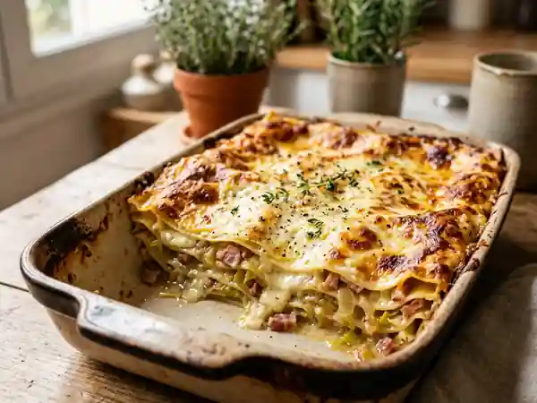 Lasagnes fondantes chèvre, poireaux et lard fumé - Photo de présentation