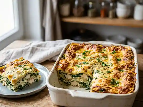 Lasagnes gourmandes aux épinards frais et poulet fondant - Photo de présentation