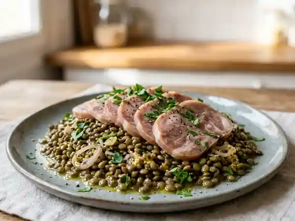 Lentilles au museau de porc et vinaigrette vive - Photo de présentation