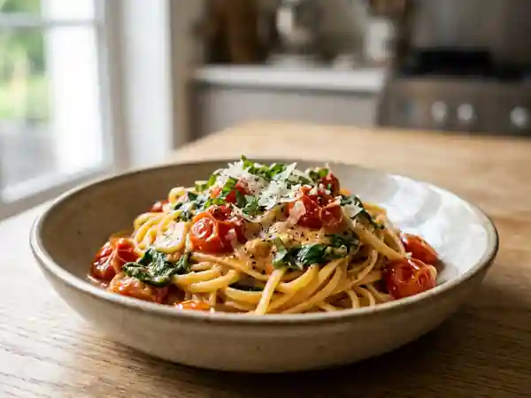 Linguine crémeuses aux épinards et tomates - Photo de présentation