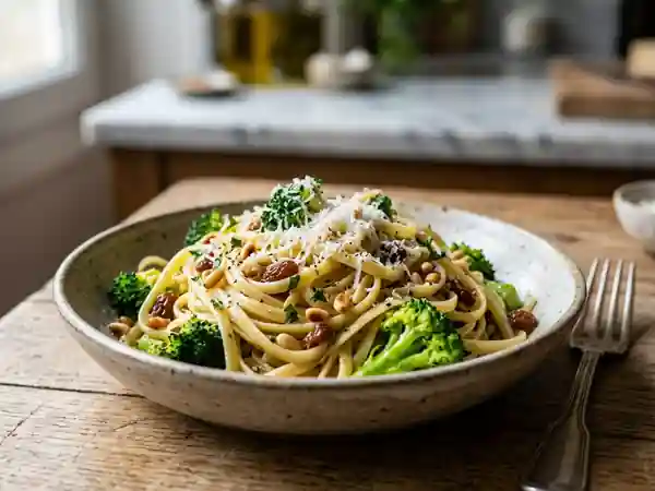 Linguine aux brocolis, pignons et raisins - Photo de présentation