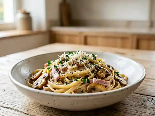 Linguines crémeuses jambon et champignons - Photo de présentation