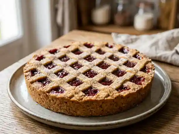 Linzertorte traditionnelle : tarte aux noisettes et confiture de framboise - Photo de présentation