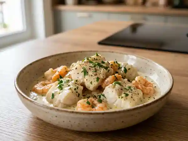 Lotte crémeuse aux crevettes et vin blanc - Photo de présentation
