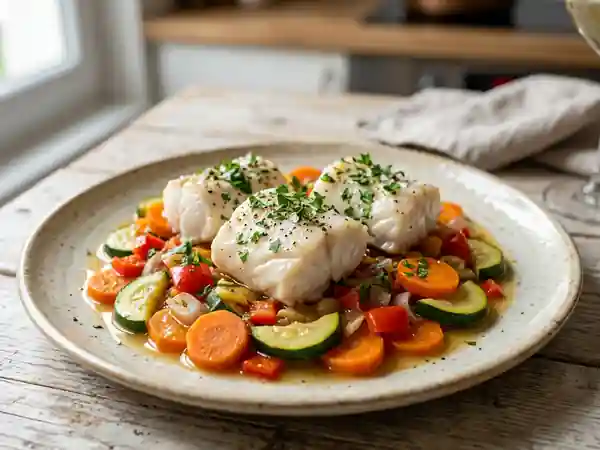 Lotte aux légumes de saison, sauce légère et savoureuse - Photo de présentation