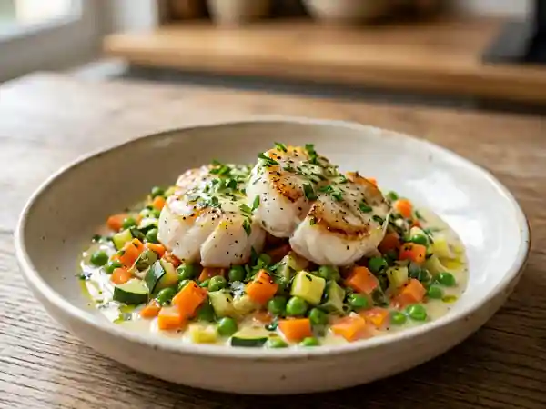 Lotte aux petits légumes de saison, sauce légère et parfumée - Photo de présentation