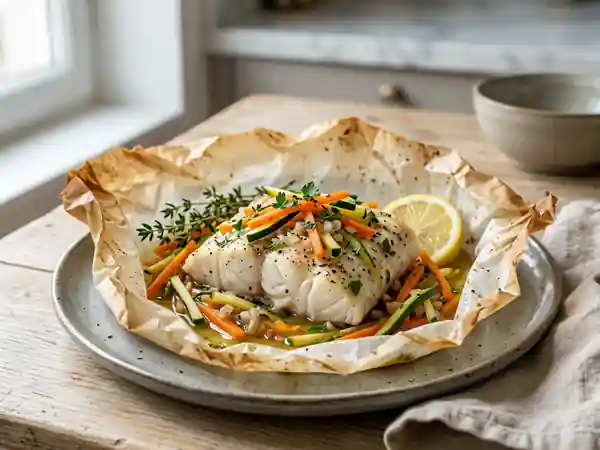 Lotte nacrée en papillote au citron et thym - Photo de présentation