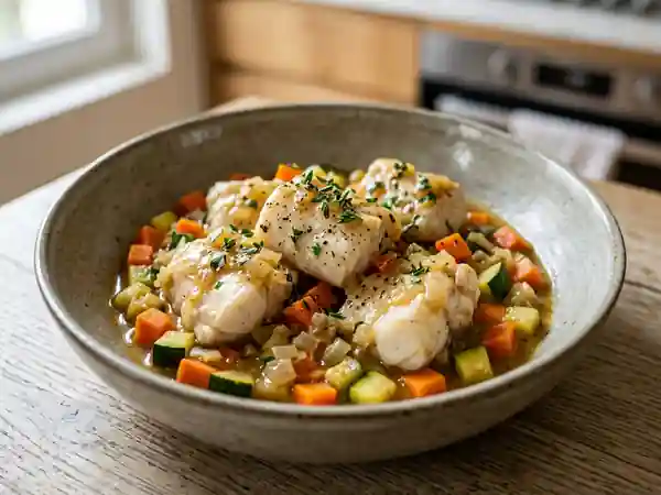 Lotte fondante au vin blanc et légumes - Photo de présentation