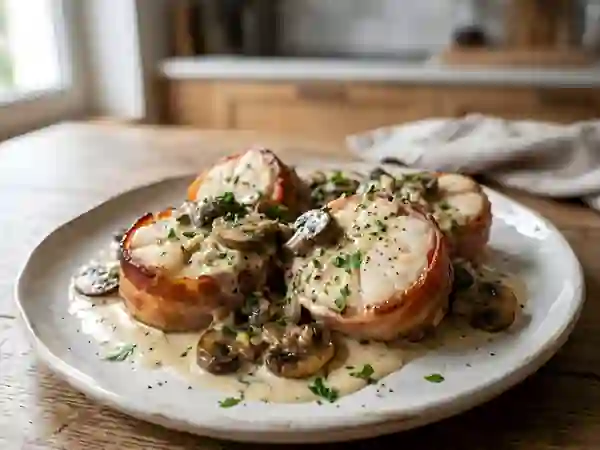 Lotte rôtie au lard et crème de champignons - Photo de présentation