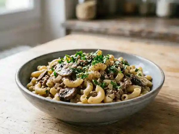 Macaronis crémeux au bœuf et champignons - Photo de présentation