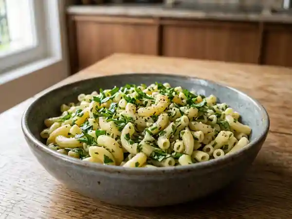 Macaronis fondants à l'ail et herbes fraîches - Photo de présentation