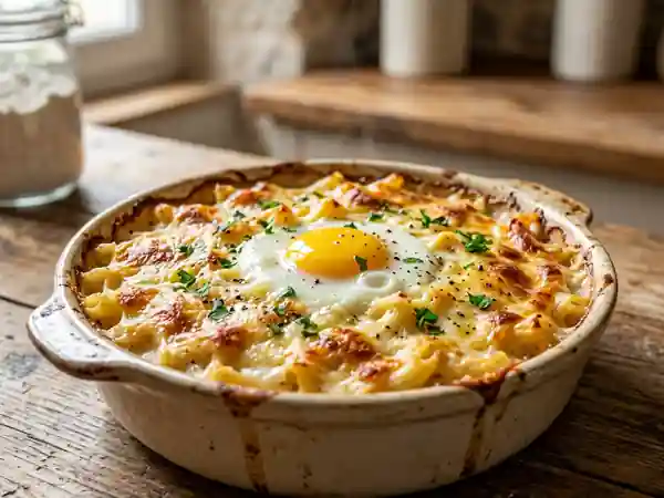 Macaronis crémeux gratinés à l'œuf - Photo de présentation