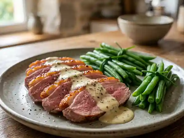 Magret de canard rosé et sa crème d'ail - Photo de présentation