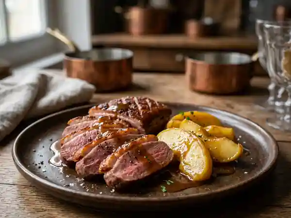Magret de canard aux pommes flambé au calvados : recette normande savoureuse - Photo de présentation