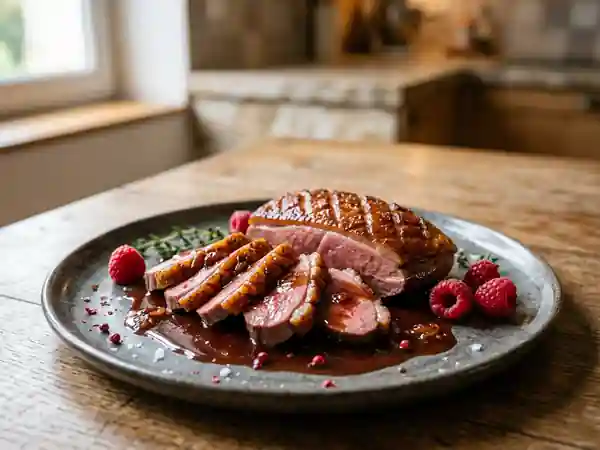 Magret de canard laqué au miel et framboise - Photo de présentation